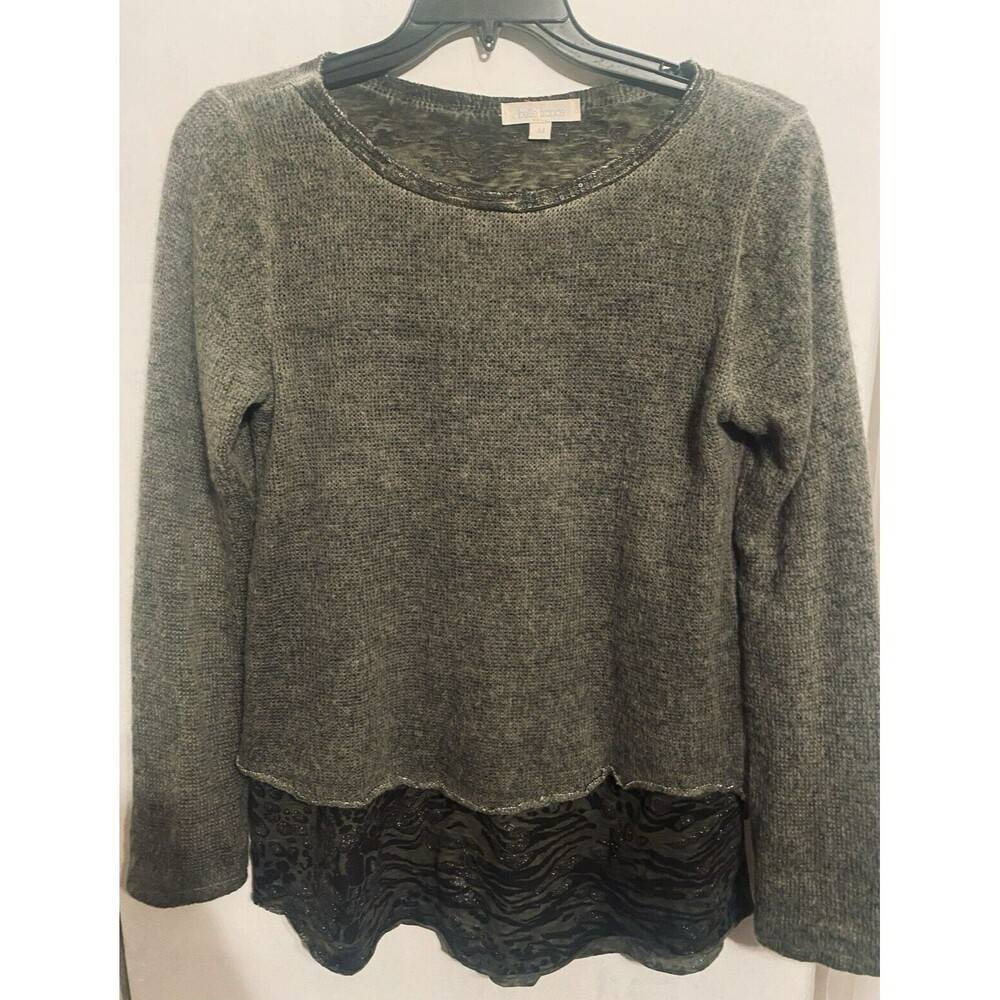Belle France Sweater Womens M Olive Layered Animal Print Lining Silver Metallic
